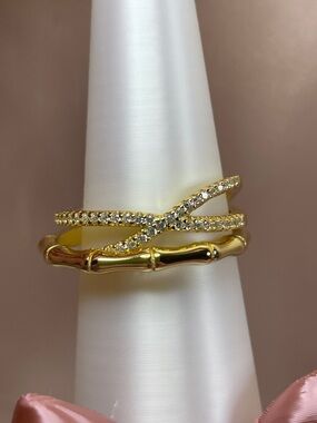 Freida Rothman Vault Sterling Silver Gold Crisscross and Bamboo Stackable Ring 9